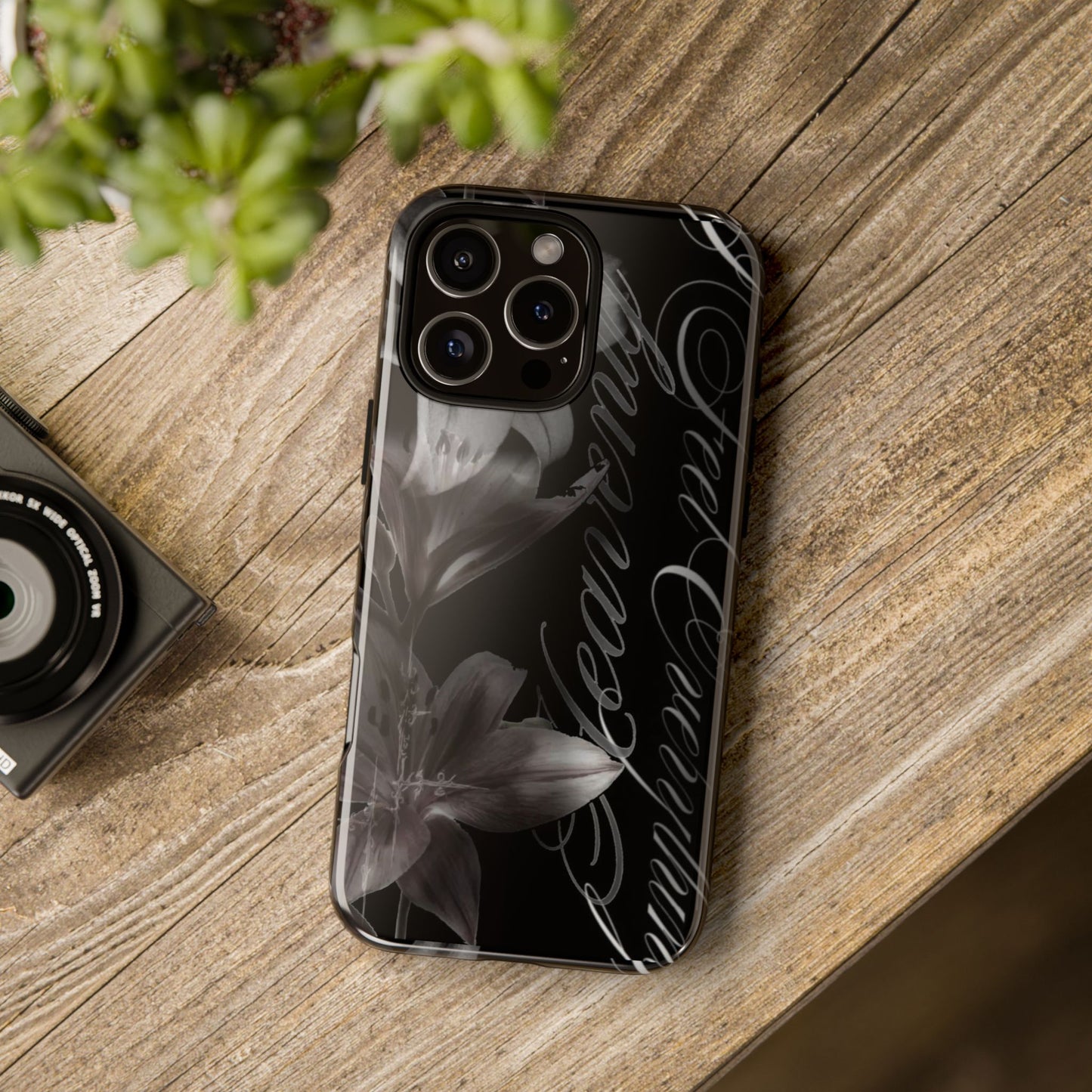 Floral Script Tough Phone Case – Black Lily Protective Cover